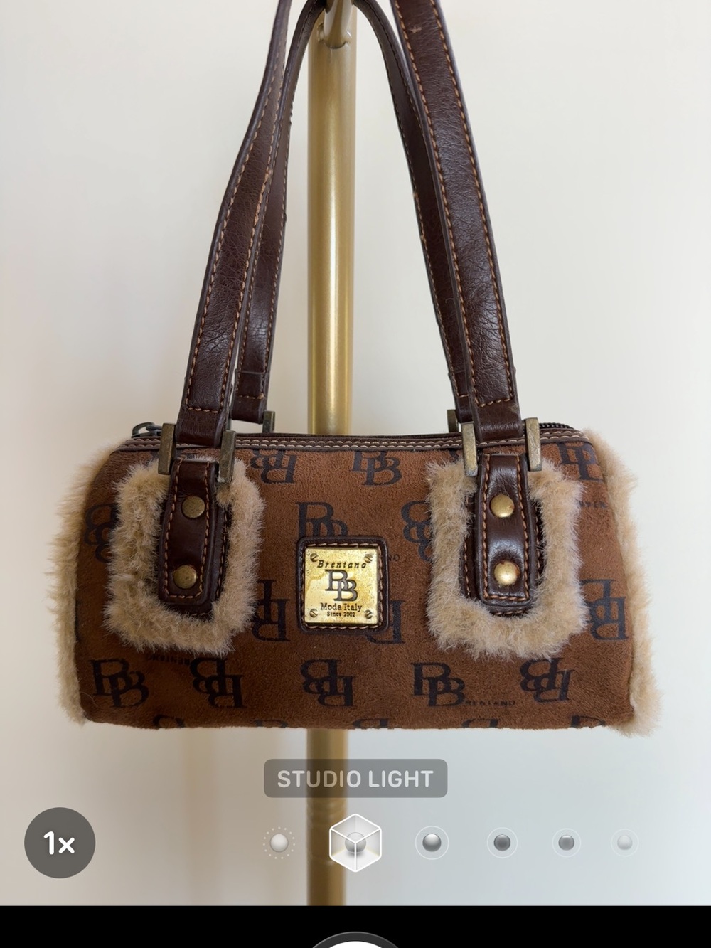 Bretano BB Italia Brown Faux-Fur & Leather Suede Accent Logo Barrel Bag